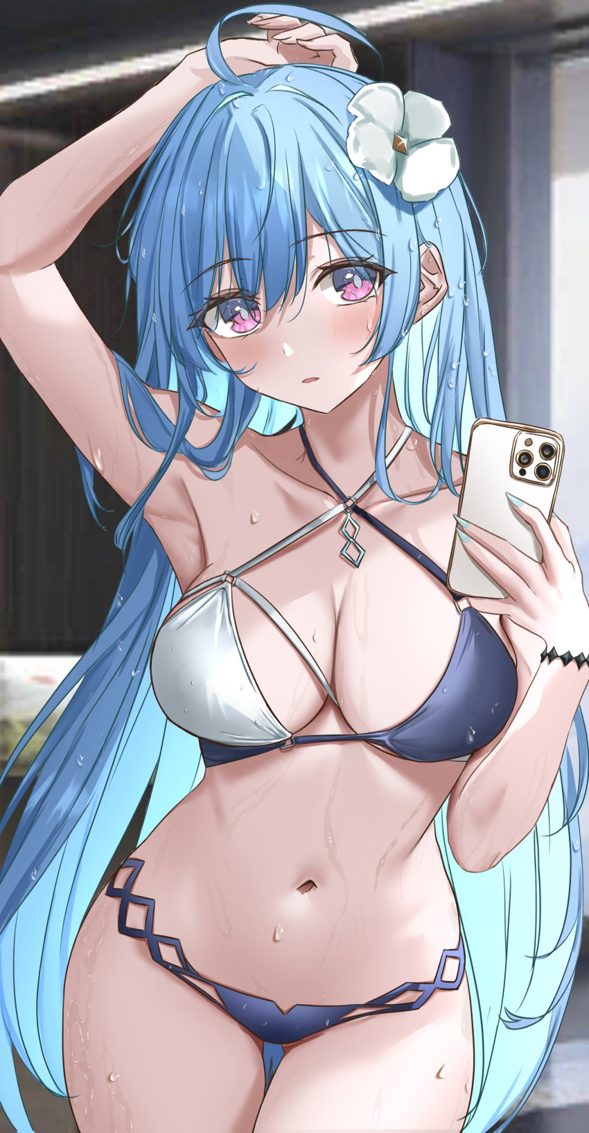 1girl absurdres ahoge aqua_nails arm_up armpits azur_lane bikini blue_hair blush bracelet breasts cleavage collarbone criss-cross_halter flower hair_between_eyes hair_flower hair_ornament halterneck helena_(azur_lane) helena_(shimmering_triangle_wave)_(azur_lane) highres holding holding_phone jewelry long_hair looking_at_viewer medium_breasts midriff multicolored_clothes multicolored_swimsuit navel official_alternate_costume open_mouth phone pink_eyes sidelocks solo sweatdrop swimsuit thighs vayneeeee wet_bikini white_flower wide_hips