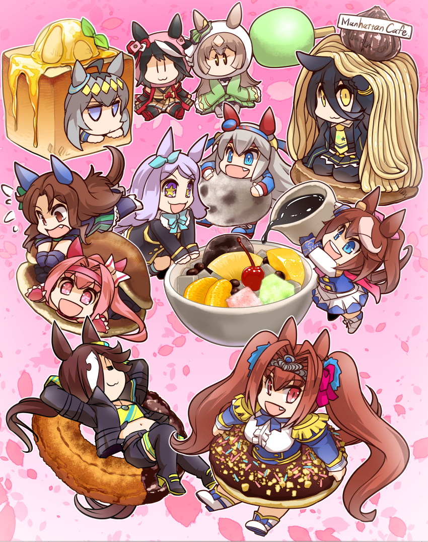 6+girls :3 absurdres aged_down animal_ears anmitsu_(dessert) arms_behind_head black_gloves black_hair black_shorts blue_bow blue_bowtie blue_eyes blue_hairband blue_jacket blue_skirt boots bow bowtie brown_hair chanchanko_(clothes) character_name cherry cherry_blossoms chestnut chibi chocolate_doughnut closed_eyes commentary_request crop_top crossed_legs dango dorayaki doughnut dress ear-bow ear_covers ear_ornament ears_through_headwear epaulettes falling_petals fang fingerless_gloves flying_sweatdrops food fruit gloves green_dress grey_hair hair_intakes hair_ornament hair_over_one_eye hairband headband high_ponytail highres hisahiko horse_ears horse_girl horse_tail jacket japanese_clothes jitome kitasan_black_(umamusume) leather leather_jacket light_purple_hair long_bangs long_hair long_sleeves low_ponytail midriff mini_person minigirl mont_blanc_(food) multicolored_clothes multicolored_hair multicolored_jacket multiple_girls no_ahoge open_clothes open_jacket petals photorealistic pink_background pink_bow pink_eyes pink_gloves pink_headband pouring purple_eyes realistic red_hair red_headband sanshoku_dango satono_diamond_(umamusume) short_shorts shorts skirt sleeves_past_fingers sleeves_past_wrists star_(symbol) star_in_eye stopwatch stopwatch_around_neck striped striped_hairband symbol_in_eye tail thigh_boots twintails two-tone_hair two-tone_jacket two-tone_skirt umamusume very_long_hair wagashi wavy_hair white_hair white_jacket white_skirt yellow_eyes yellow_hairband |_|