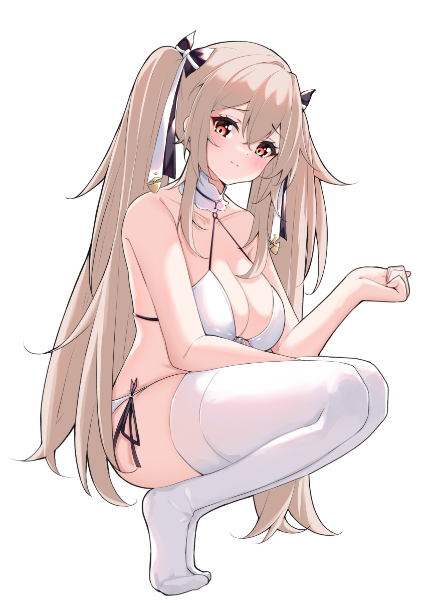 1girl absurdres anchorage_(azur_lane) anchorage_(dolphins_and_swim_lessons)_(azur_lane) azur_lane bare_shoulders bikini blush breasts catnnn hair_between_eyes hair_ribbon highres large_breasts light_brown_hair long_hair looking_at_viewer official_alternate_costume ribbon swimsuit thighhighs thighs tiptoes twintails very_long_hair white_background white_bikini white_thighhighs