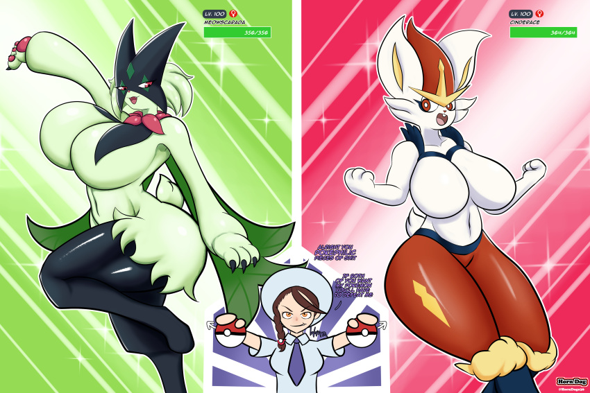 absurd_res anthro big_breasts breasts butt cinderace english_text featureless_breasts female generation_8_pokemon generation_9_pokemon green_body group hi_res holding_object holding_pokeball horndogo36 human looking_at_viewer mammal meowscarada nintendo open_mouth pokeball pokemon pokemon_(species) purple_eyes red_body red_eyes text thick_thighs trio white_body