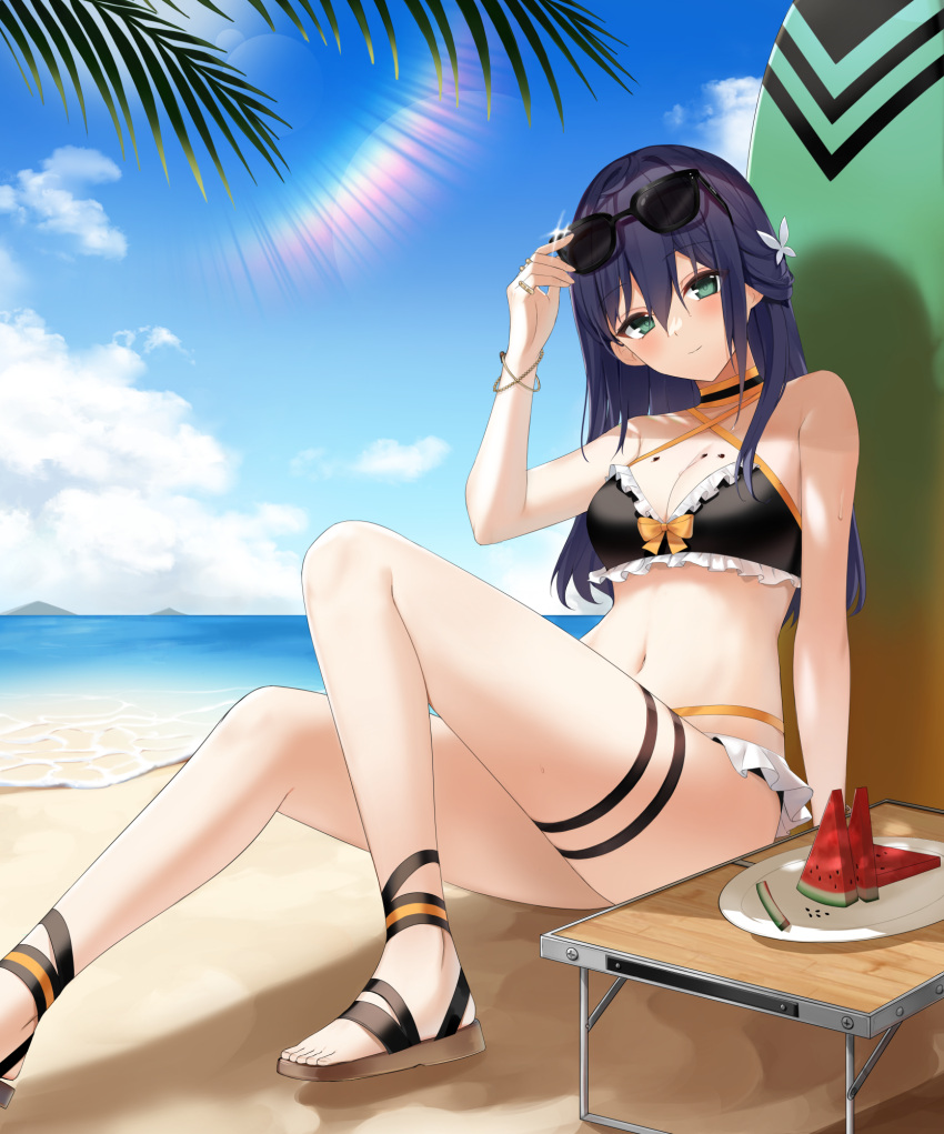 1girl adjusting_eyewear arm_support arm_up bare_arms bare_legs bare_shoulders beach bikini black_bikini black_choker black_footwear blue_hair blue_sky blush bow bow_bikini bracelet breasts butterfly_hair_ornament choker cleavage closers cloud coconut_tree dark_blue_hair day eunha_(closers) food foot_out_of_frame frilled_bikini frills fruit green_eyes hair_between_eyes hair_ornament highres island jewelry lens_flare long_hair looking_at_viewer medium_breasts navel ocean official_art on_ground outdoors palm_tree planted_surfboard plate sand sandals sitting sky smile solo stomach surfboard sweat swimsuit table thigh_strap tree watermelon watermelon_seeds watermelon_slice yellow_bow