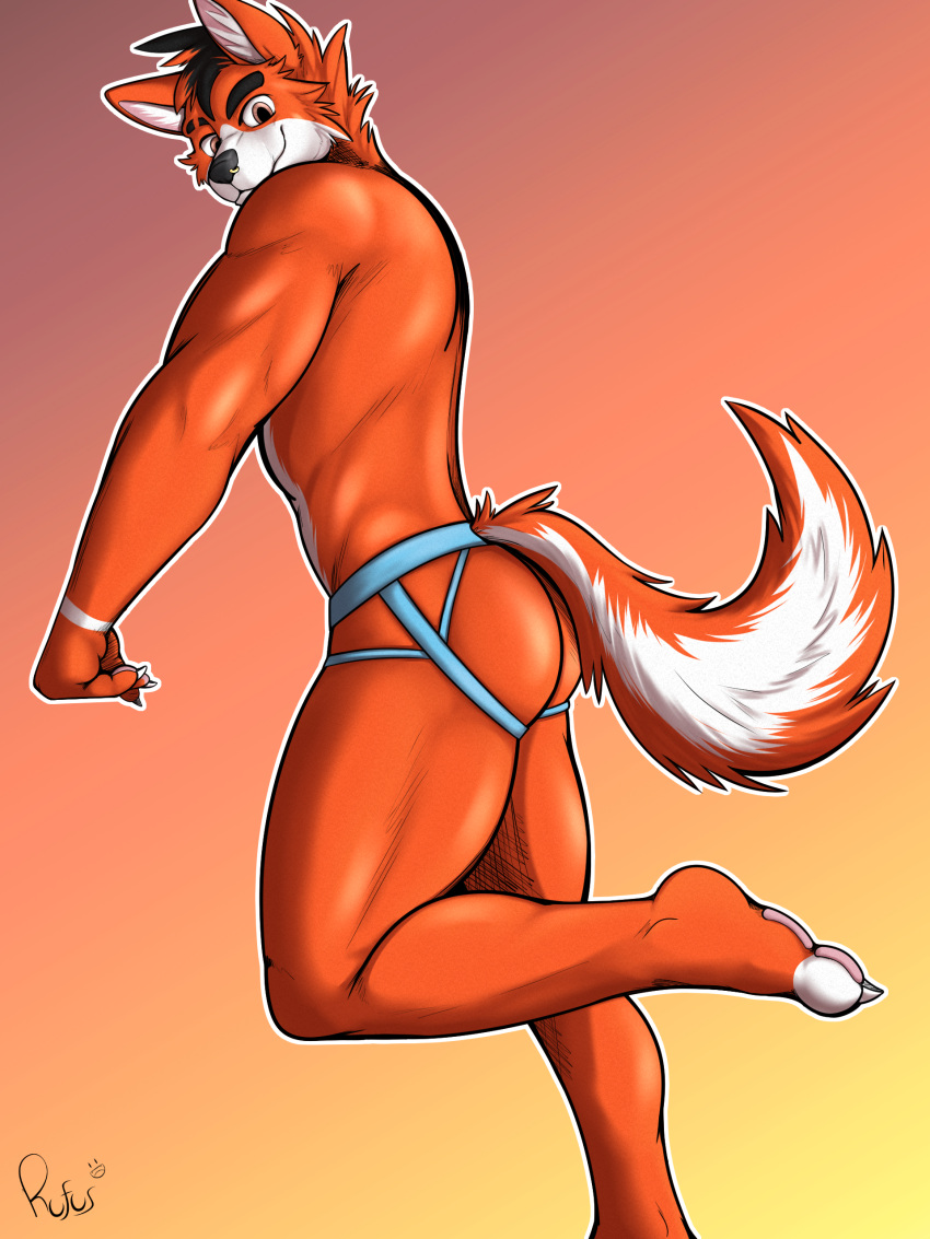 absurd_res anthro butt canid canine clothed clothing flow_owo fox hi_res jockstrap jockstrap_only male mammal solo topless underwear underwear_only