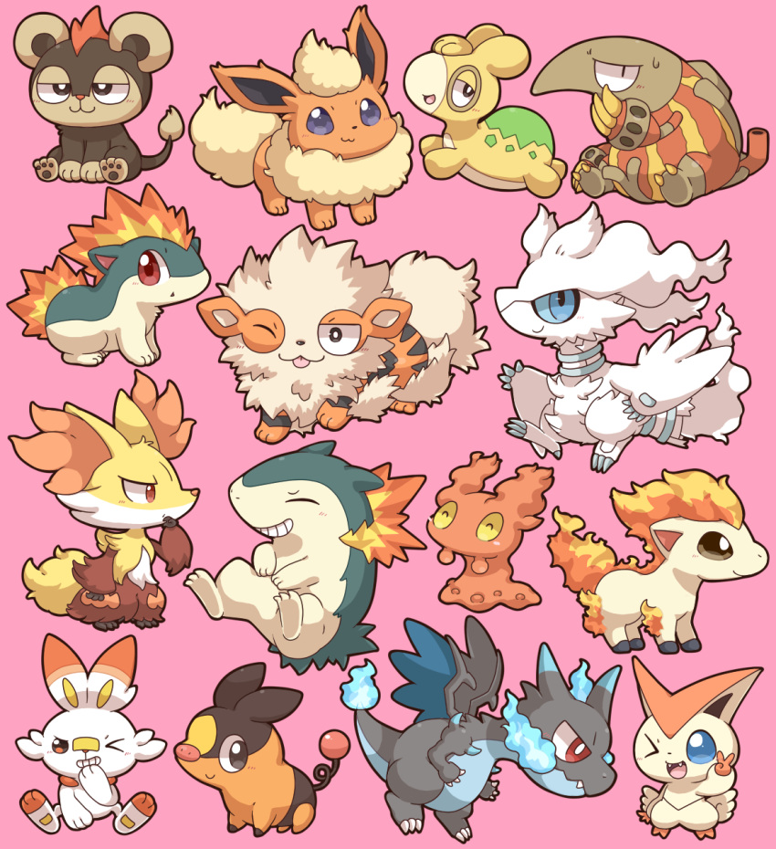 &gt;_o 2027_(submarine2027) :3 :d :o ;p ^_^ arcanine blue_eyes blue_fire blue_sclera blush bright_pupils brown_eyes charizard claws closed_eyes closed_mouth colored_sclera commentary_request delphox fangs fire flame-tipped_tail flareon grin hand_on_own_chin hand_up heatmor highres jitome litleo looking_at_viewer mega_charizard_x mega_pokemon no_humans numel one_eye_closed open_mouth pink_background pokemon pokemon_(creature) ponyta purple_eyes quilava red_eyes reshiram scorbunny sideways_glance simple_background sitting slugma smile sweatdrop teeth tepig thinking tongue tongue_out typhlosion v white_pupils