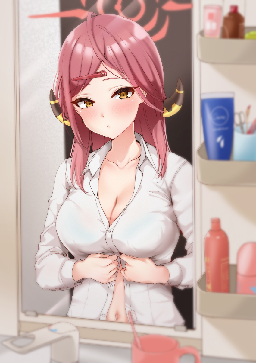1girl absurdres aru_(blue_archive) bathroom blue_archive blush breasts cleavage collarbone demon_horns dressing halo highres horns large_breasts looking_at_viewer mirror murabito_c navel open_collar pink_hair reflection shirt solo white_shirt