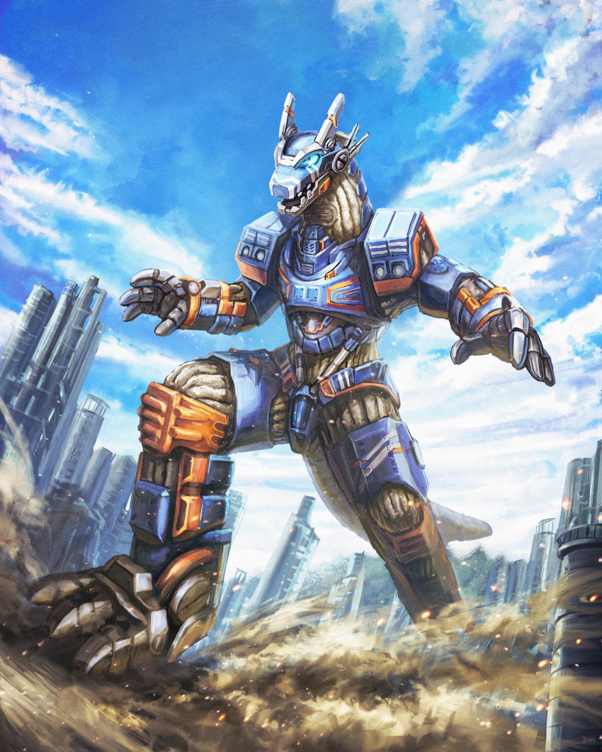 blue_eyes blue_sky cityscape contrapposto earth_garon highres mechanical_arms no_humans open_hands open_mouth outstretched_arms robot robuja sky spread_arms stomping tail ultra_series ultraman_blazar_(series)