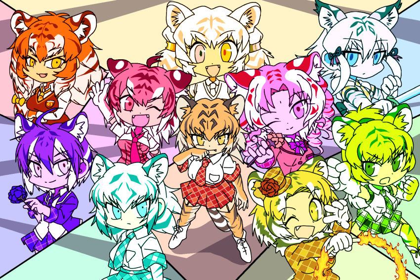 6+girls :/ ;) ;d alternate_design animal_ears animal_print arm_at_side arm_up arms_at_sides bangs bat_wings breast_pocket byakko_(kemono_friends) chibi closed_mouth collared_shirt colored_inner_hair colorful drill_hair elbow_gloves empty_eyes expressionless extra_ears facial_mark fang fang_out fangs fire flower forehead_mark garter_straps gloves golden_tabby_tiger_(kemono_friends) hand_up hat heterochromia highres holding holding_flower holding_sword holding_weapon jacket kemono_friends legs_apart light_smile long_hair long_sleeves looking_at_another looking_at_viewer maltese_tiger_(kemono_friends) medium_hair mini_hat mini_top_hat multicolored_hair multiple_girls necktie one_eye_closed open_mouth outstretched_arm plaid plaid_jacket plaid_necktie plaid_sleeves plaid_vest pocket print_gloves print_thighhighs rose saber_(weapon) shirt short_sleeves siberian_tiger_(kemono_friends) sleeveless sleeveless_shirt smile smilodon_(kemono_friends) south_china_tiger_(kemono_friends) srd_(srdsrd01) standing streaked_hair sumatran_tiger_(kemono_friends) sweater_vest sword tail thighhighs tiger_(kemono_friends) tiger_ears tiger_girl tiger_print tiger_tail tilted_headwear top_hat twintails v v-shaped_eyebrows vest weapon white_tiger_(kemono_friends) white_tiger_print wings zettai_ryouiki