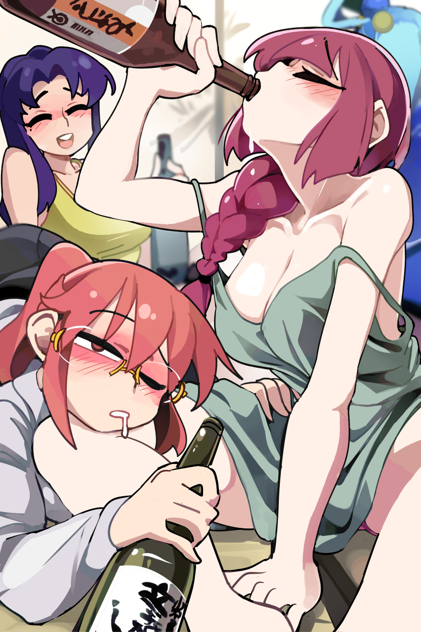 4girls :d absurdres aqua_(konosuba) bare_shoulders blue_hair blue_shirt blue_skirt blunt_bangs blurry blurry_background blush bocchi_the_rock! bongfill bottle braid breasts cleavage collarbone commentary_request crossover dress drinking drunk from_behind fusuma glass_bottle glasses green_dress hair_over_shoulder hair_rings half-closed_eyes highres hiroi_kikuri indoors jitome katsuragi_misato kobayashi-san_chi_no_maidragon kobayashi_(maidragon) kono_subarashii_sekai_ni_shukufuku_wo! large_breasts long_hair lying mole mole_under_eye multiple_crossover multiple_girls neon_genesis_evangelion on_stomach one_eye_closed panties panty_peek ponytail red_hair red_panties sake_bottle saliva_drip shirt sidelocks single_hair_ring skirt sliding_doors smile strap_slip tank_top tatami teeth trait_connection underwear upper_teeth_only white_shirt yellow-framed_eyewear yellow_tank_top