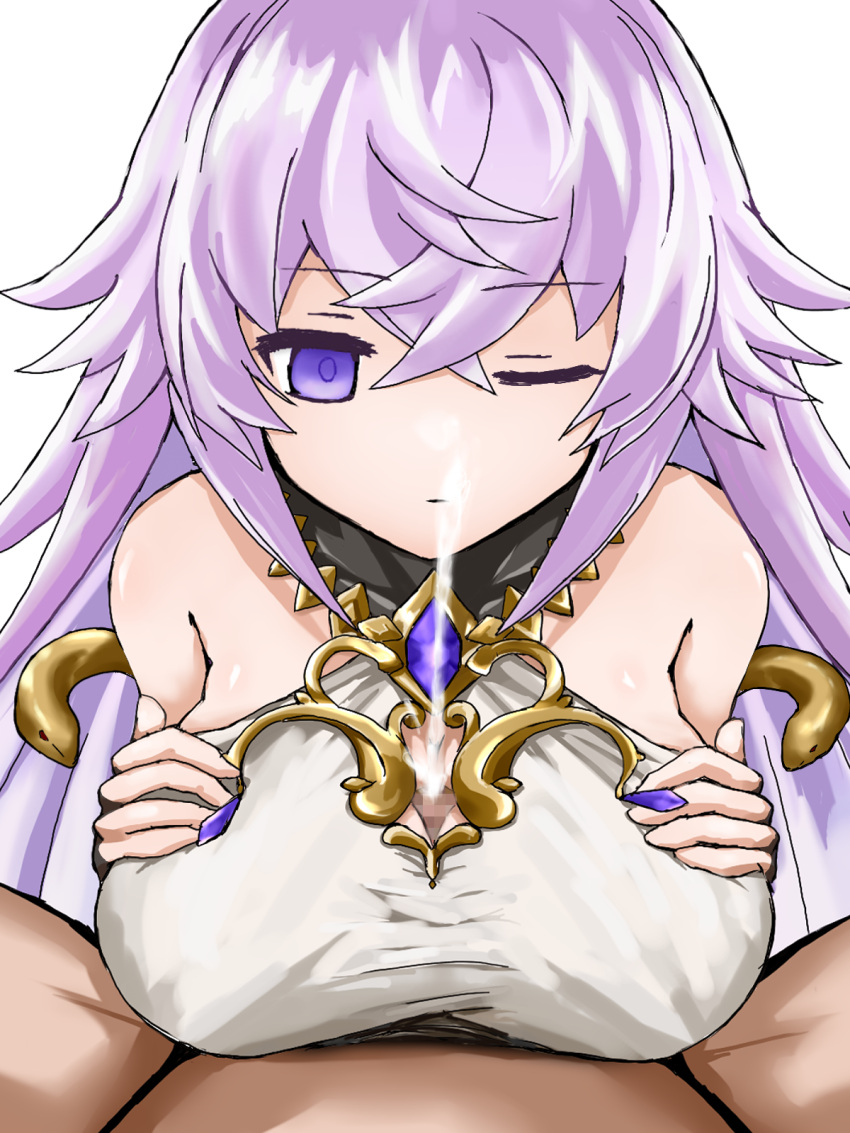 1boy 1girl breast_hold breasts censored cleavage_cutout clothing_cutout cum empty_eyes expressionless grimms_notes highres huge_breasts long_hair looking_down magic_mirror_(grimms_notes) mosaic_censoring one_eye_closed paizuri paizuri_under_clothes penis pompurinpurin pov purple_eyes purple_hair simple_background solo_focus white_background