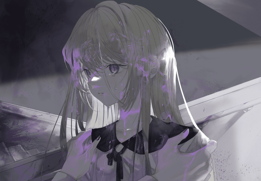 1girl 1other absurdres close-up collared_dress crying crying_with_eyes_open dress expressionless hands_on_another's_shoulders highres long_hair msa_(fary_white) original parted_lips purple_eyes slit_pupils solo_focus spot_color stairs tagme tears