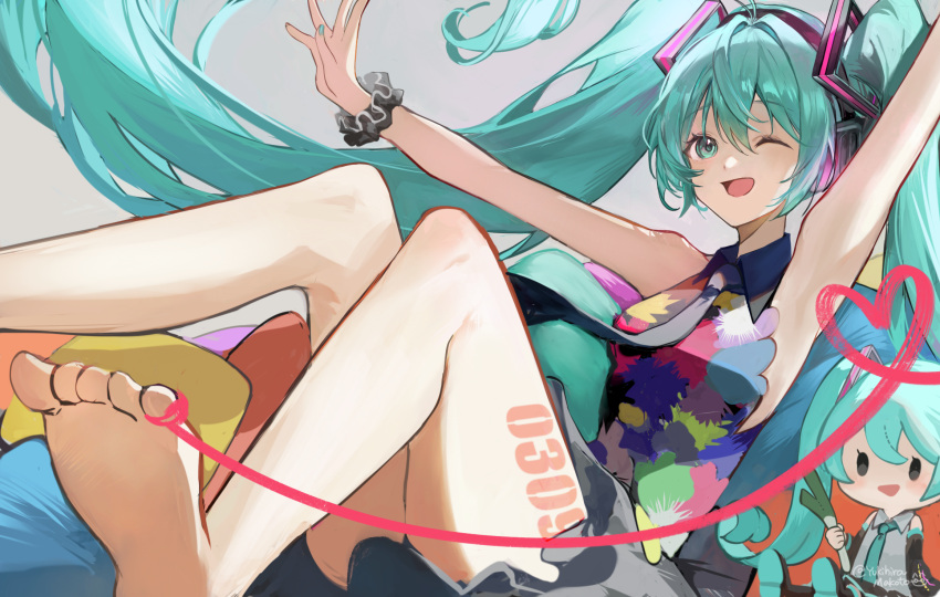 1girl aqua_eyes aqua_hair arm_up bare_arms barefoot black_skirt character_doll commentary dated floating_hair food grey_background hair_ornament hatsune_miku headphones highres holding holding_food holding_spring_onion holding_vegetable leg_tattoo long_hair miku_day miniskirt multicolored_clothes one_eye_closed open_mouth outstretched_arm scrunchie shirt sitting skirt sleeveless sleeveless_shirt smile solo spring_onion string string_of_fate tattoo tell_your_world_(vocaloid) twintails vegetable very_long_hair vocaloid wrist_scrunchie yukihira_makoto