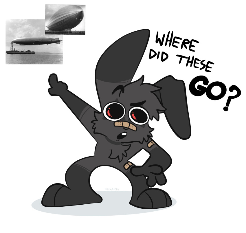 absurd_res aircraft airship anthro band-aid band-aid_on_face band-aid_on_nose bandage black_body black_fur cheek_tuft chest_tuft chibi dialogue english_text facial_tuft fur gesture grey_body grey_fur hi_res humor lagomorph leporid male mammal open_mouth pointing rabbit simple_background solo text tuft white_background wide_eyed xing1