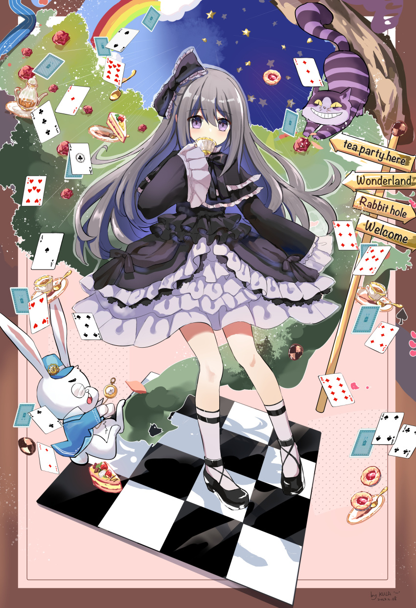 1girl absurdres alice_in_wonderland black_hair bow cake cake_slice card cat checkered_floor cheshire_cat_(alice_in_wonderland) cookie crossover cup dated dress duel_monster falling_card food frilled_bow frilled_dress frills full_body ghost_belle_&amp;_haunted_mansion hair_bow highres holding holding_cup jacket kkkula_(kula) long_hair long_sleeves monocle open_clothes open_jacket playing_card purple_eyes rabbit rainbow signature socks solo teacup white_rabbit_(alice_in_wonderland) yu-gi-oh!