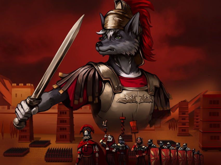 ancient anthro armor army battle canid canine canis colored gladius group headgear helmet hi_res historical history humanoid male mammal melee_weapon military roman roman_empire rome siege_engine solo solo_focus sword thepimpartist weapon wolf