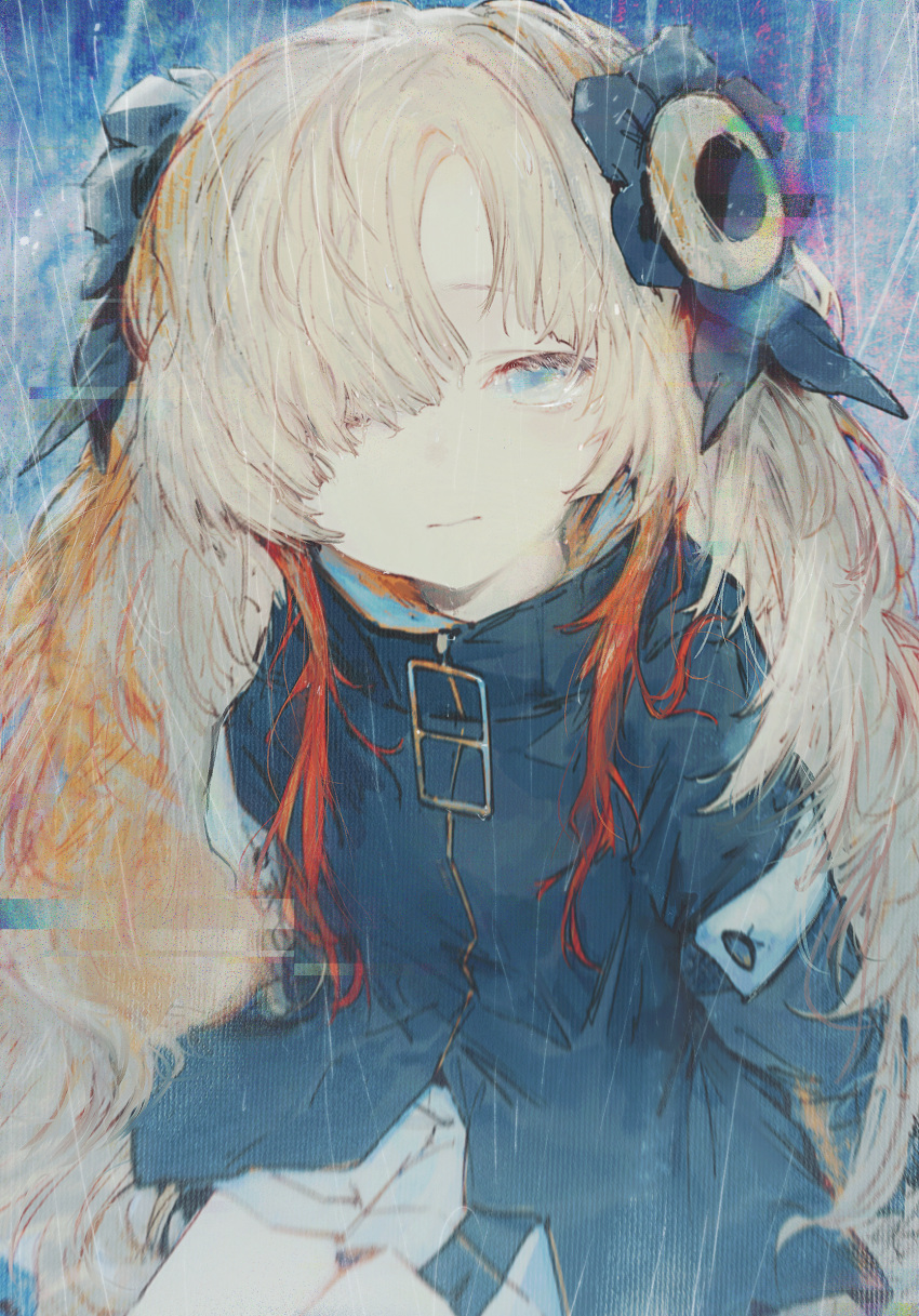 132_(bb32768) 1girl black_coat black_flower blue_eyes coat cowboy_shot expressionless flower glitch grey_hair grey_shorts hair_flower hair_ornament hair_over_one_eye highres isekai_joucho kamitsubaki_studio long_hair looking_at_viewer multicolored_hair red_hair shorts sitting solo two-tone_hair virtual_youtuber