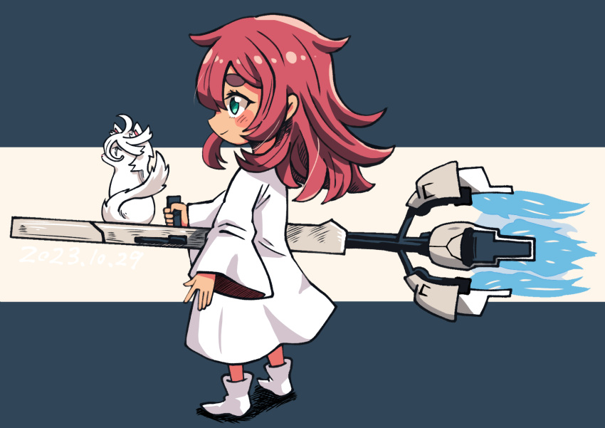 2girls batchgooya beam_cannon blush_stickers boots cat chibi commentary dress exhaust from_side gundam gundam_calibarn gundam_suisei_no_majo hair_down highres holding holding_cannon holding_weapon long_hair miorine_rembran multiple_girls red_hair suletta_mercury thick_eyebrows thrusters weapon white_dress white_footwear