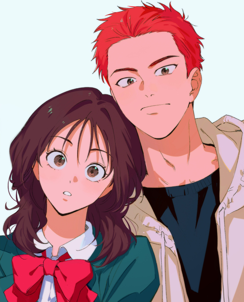 1boy 1girl absurdres akagi_haruko black_shirt blue_background brown_eyes brown_hair closed_mouth couple highres hood hoodie leaning_on_person looking_at_viewer medium_hair red_hair red_ribbon ribbon sakuragi_hanamichi school_uniform sebin_13 shirt short_hair slam_dunk_(series) upper_body white_hoodie