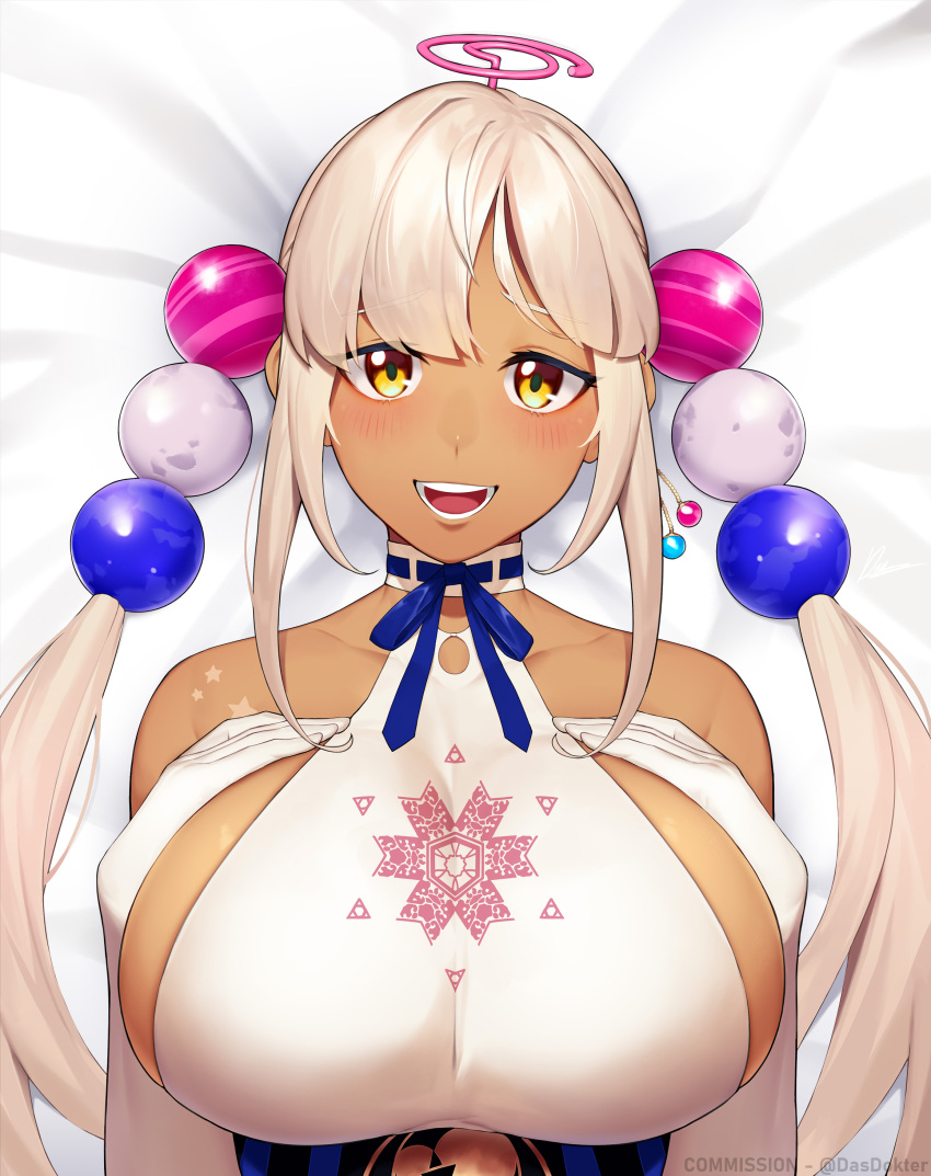 1girl absurdres blonde_hair blue_ribbon breasts dark-skinned_female dark_skin dasdokter elbow_gloves gloves hair_ornament highres holocouncil hololive hololive_english huge_breasts jupiter_(planet) large_breasts light_brown_hair limiter_(tsukumo_sana) long_hair looking_at_viewer lying on_bed open_mouth planet_hair_ornament ribbon sidelocks smile tsukumo_sana twintails very_long_hair virtual_youtuber yellow_eyes