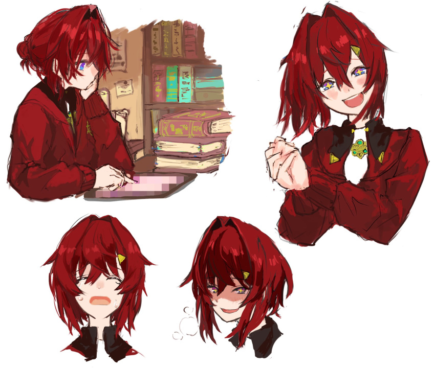 +_+ ange_katrina bookshelf cardigan hair_between_eyes hair_bun hair_intakes hair_ornament head_tilt highres looking_at_viewer multiple_views nijisanji open_mouth own_hands_clasped own_hands_together red_cardigan red_hair short_hair smile sweatdrop virtual_youtuber white_background yougyotobono