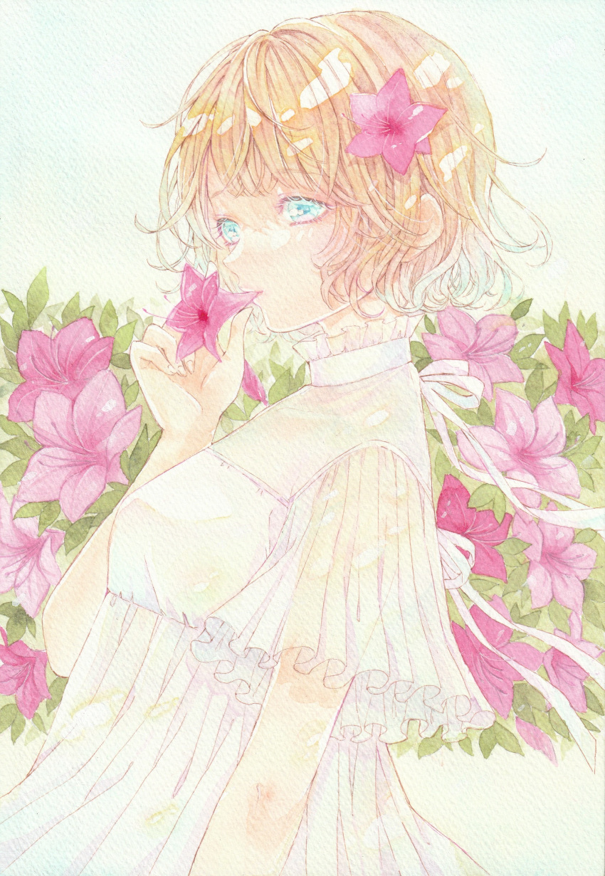 1girl absurdres amu_(m_aa) blue_eyes bush dress eyelashes flower flower_in_mouth highres holding holding_flower leaf original painting_(medium) pink_flower see-through see-through_sleeves short_hair short_sleeves solo traditional_media watercolor_(medium) white_dress wide_sleeves