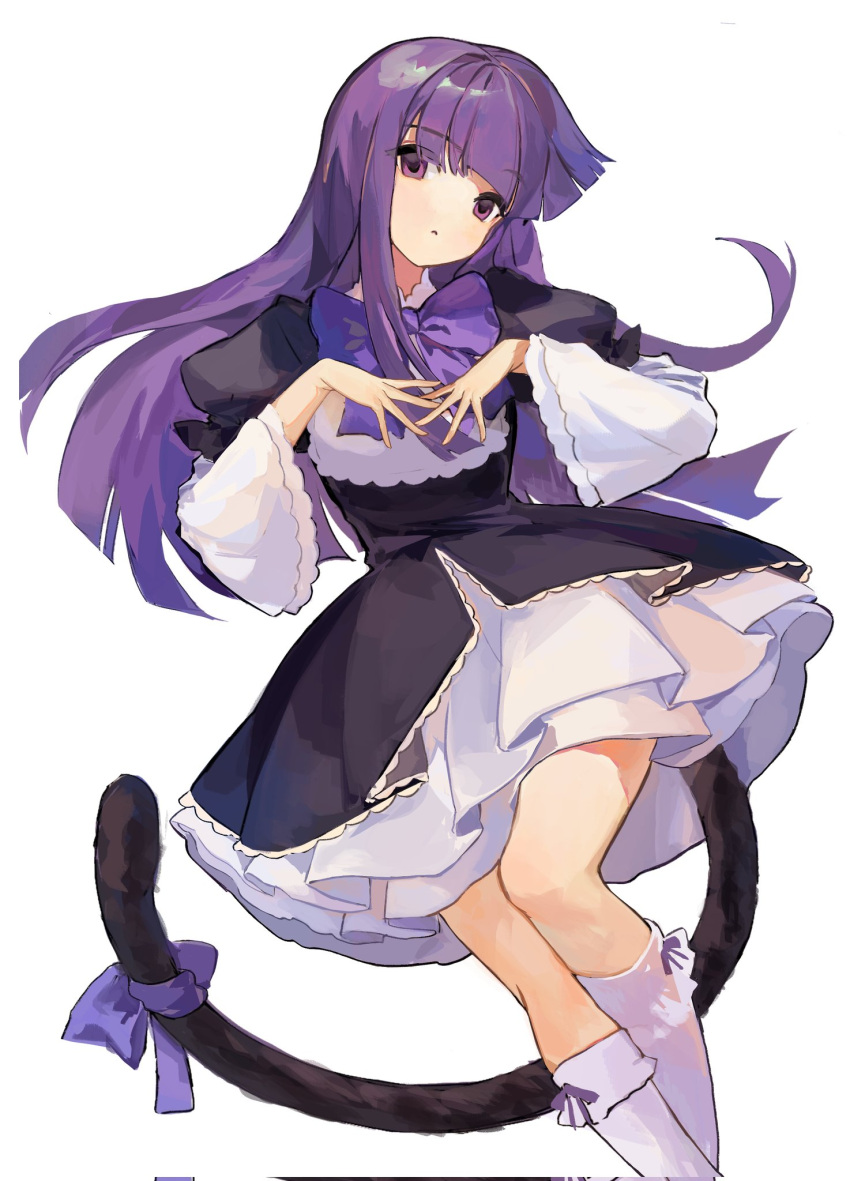 1girl black_dress black_tail blunt_bangs bow cat_tail dress dress_bow feet_out_of_frame frederica_bernkastel frilled_dress frilled_sleeves frills highres hime_cut layered_dress long_hair puffy_sleeves purple_bow purple_eyes purple_hair saechi_(lnyn248329) sidelocks simple_background socks solo tail tail_bow tail_ornament umineko_no_naku_koro_ni white_background white_socks wide_sleeves