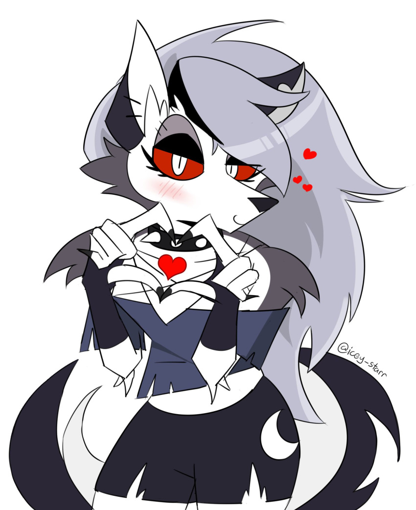 &lt;3 artist bottomwear canid canid_demon canine clothing collar demon female gesture hand_heart hellhound helluva_boss hi_res icey_(artist) loona_(helluva_boss) mammal mammmal red_sclera shorts smile solo spiked_collar spikes white_eyes