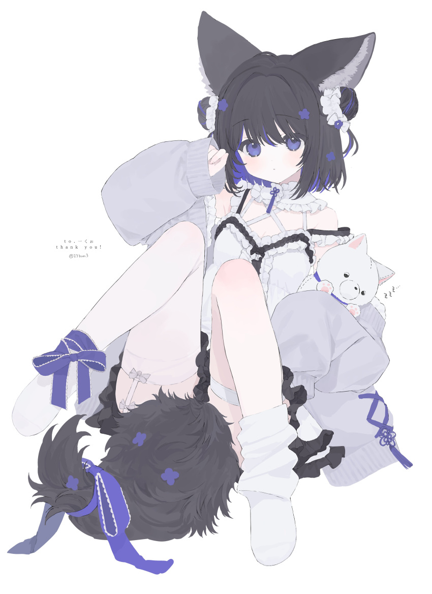 1girl 33bun3 :o absurdres animal animal_collar animal_ears asymmetrical_legwear black_hair bow bun_cover chinese_knot collar colored_inner_hair commission commissioner_name cross-laced_clothes dog dog_ears dog_girl dog_tail dot_nose double_bun dress frilled_dress frills full_body garter_straps hair_bun hand_to_head highres holding holding_animal holding_dog jacket leg_ribbon legs_up looking_at_viewer multicolored_hair off_shoulder open_clothes open_jacket original purple_eyes purple_hair ribbon simple_background single_loose_sock single_thighhigh skeb_commission sleeves_past_fingers sleeves_past_wrists solo tail tail_bow tail_ornament thank_you thigh_strap thighhighs twitter_username two-tone_hair white_background white_thighhighs zzz