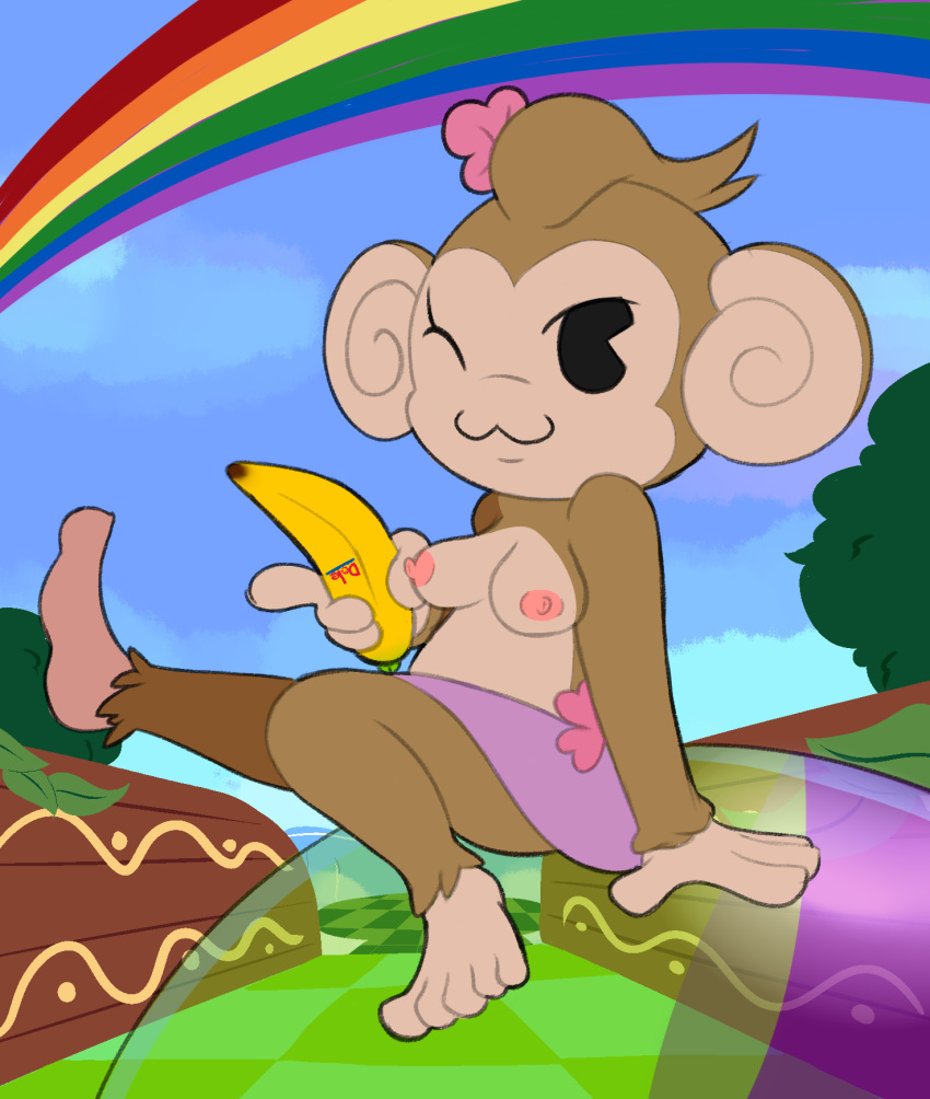 2023 anthro areola banana barefoot breasts brown_body brown_fur clothed clothing day dose feet female fingers food fruit fur haplorhine hi_res looking_at_viewer mammal meemee monkey nipples one_eye_closed plant primate rainbow sitting smile solo super_monkey_ball toes topless wink