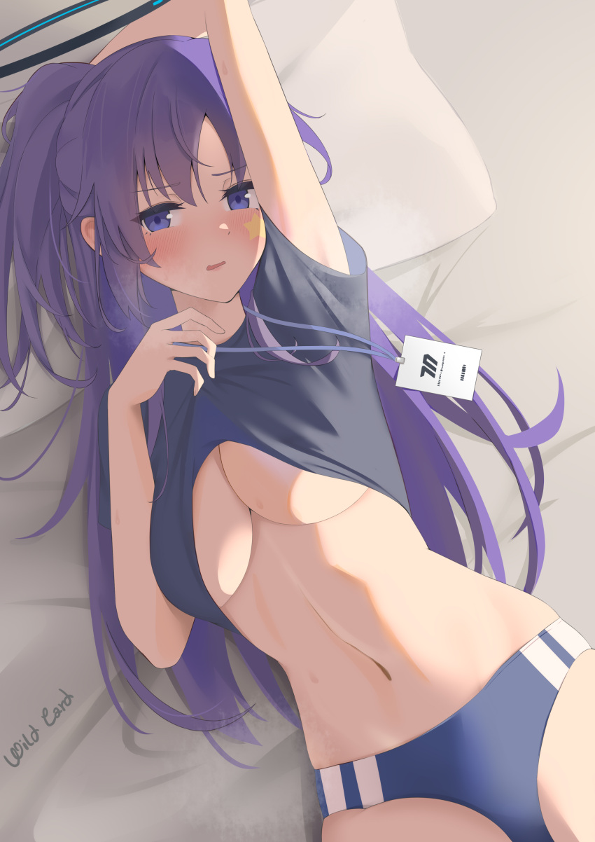 1girl absurdres arm_up bed_sheet black_shirt blue_archive blue_buruma blush breasts buruma clothes_lift collarbone cowboy_shot crop_top groin gym_shirt gym_uniform hair_between_eyes halo highres looking_at_viewer lying medium_breasts navel on_back on_bed parted_lips ponytail purple_hair shirt shirt_lift short_sleeves solo sports_bra star_sticker sticker_on_face stomach underboob underwear wild_card yuuka_(blue_archive) yuuka_(track)_(blue_archive)