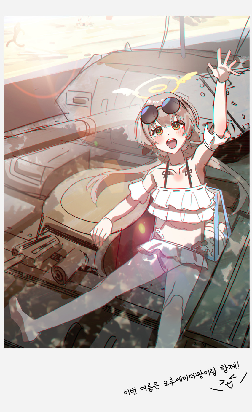 absurdres bare_legs bare_shoulders barefoot bikini blue_archive brown_hair crusader_(tank) eyewear_on_head hifumi_(blue_archive) hifumi_(swimsuit)_(blue_archive) highres jiki_(gkdlfnzo1245) korean_text military military_vehicle motor_vehicle sunglasses swimsuit tank twintails white_bikini yellow_eyes