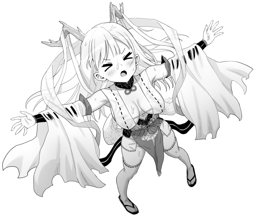 &gt;_&lt; 1girl arm_warmers armpits azur_lane azur_lane:_slow_ahead breasts dragon_horns greyscale hair_on_horn hori_(hori_no_su) horns japanese_clothes large_breasts long_hair monochrome open_mouth outstretched_arms pelvic_curtain revealing_clothes ribbon-trimmed_clothes ribbon-trimmed_thighhighs ribbon_trim shimanto_(azur_lane) simple_background solo standing thighhighs wet white_background