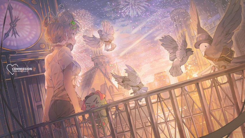 1girl absurdres bare_shoulders bird black_shorts blush brown_eyes brown_hair city_lights cityscape clock clock_tower closed_mouth commentary commission creature double_bun dutch_angle evening feet_out_of_frame fireworks flying from_behind hair_bun hair_ornament hairclip headphones headphones_around_neck highres looking_ahead off-shoulder_shirt off_shoulder original outdoors patch_oxxo pigeon railing shirt short_hair short_shorts short_sleeves shorts sitting_on_railing solo symbol-only_commentary tower watermark white_shirt