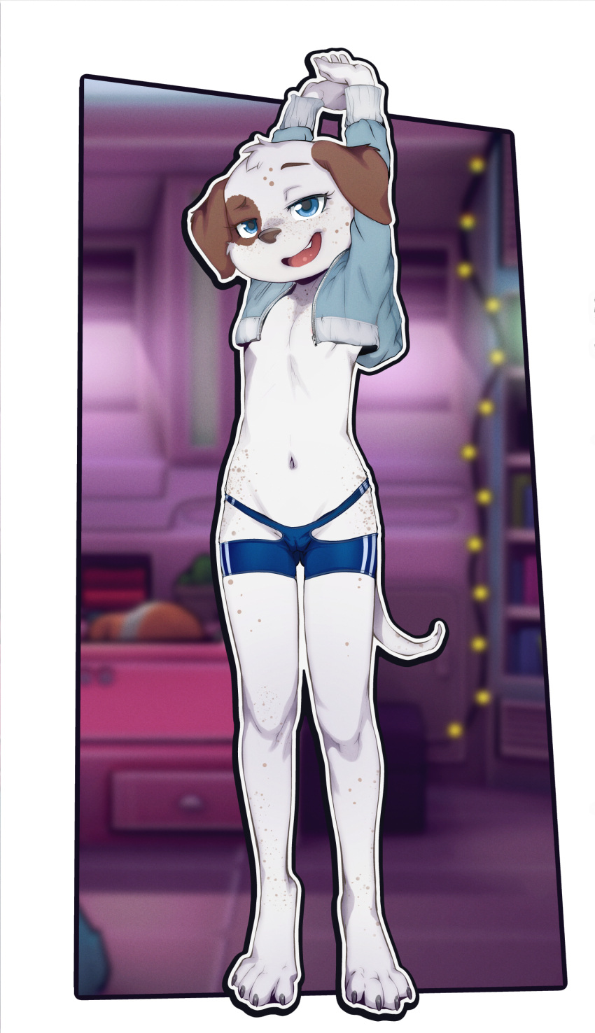 absurd_res anthro bedroom_eyes blue_eyes breasts camel_toe canid canine canis domestic_dog female hi_res mammal narrowed_eyes navel nina_(belleflower) seductive sicmop small_breasts solo tail young