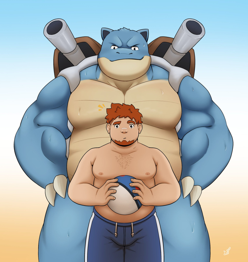 anthro ball beach_ball blastoise blue_body bodily_fluids bulge cannon_shell clothing convenient_censorship danipika duo generation_1_pokemon grin hair hi_res human human_on_anthro imminent_sex inflatable interspecies larger_anthro larger_male male male/male mammal multicolored_body musclegut muscular muscular_anthro muscular_male nintendo nipples nude orange_hair pecs pokemon pokemon_(species) pokephilia reptile scalie shell signature size_difference smaller_human smaller_male smile sweat swimming_trunks swimwear tortoise turtle yellow_body