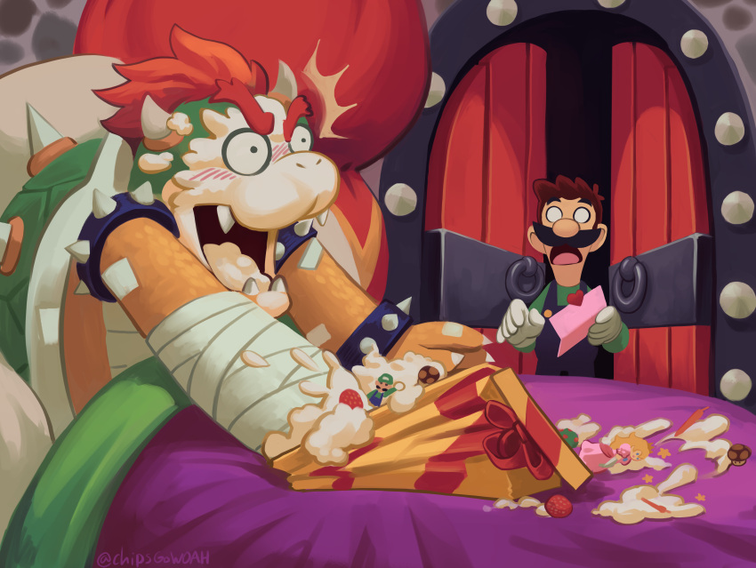 &lt;3 absurd_res anthro bed bedroom blush bowser bystander cake castle_wall chipsgowoah dessert duo eating eating_food food food_on_face furniture gift hi_res human humiliation koopa letter luigi male mammal mario_bros messy nintendo o_o open_door prank reptile scalie shocked_expression solo_focus turtle under_covers watermark