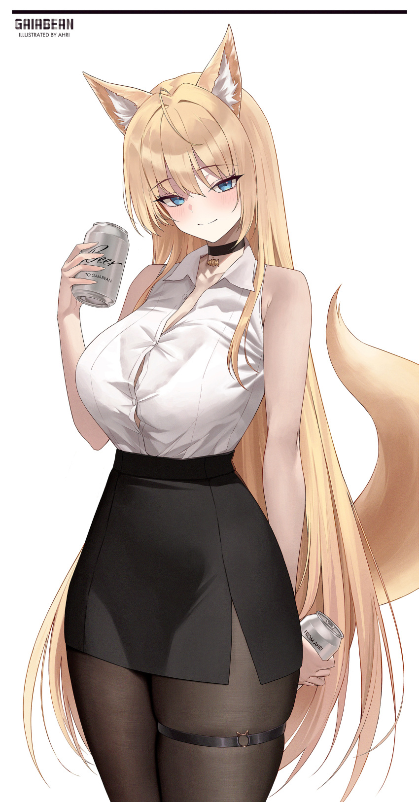1girl absurdres ahoge animal_ear_fluff animal_ears arm_behind_back artist_name bare_arms bare_shoulders beer_can black_choker black_pantyhose black_skirt blonde_hair blue_eyes breasts can choker closed_mouth collarbone commission dungeon_and_fighter fish fox_ears fox_girl fox_tail goldfish heart_o-ring high-waist_skirt highres holding holding_can iamahri1994 large_breasts legs_together long_hair looking_at_viewer office_lady pantyhose shirt simple_background skirt sleeveless sleeveless_shirt smile solo tail taut_clothes taut_shirt thigh_strap thighs white_background white_shirt