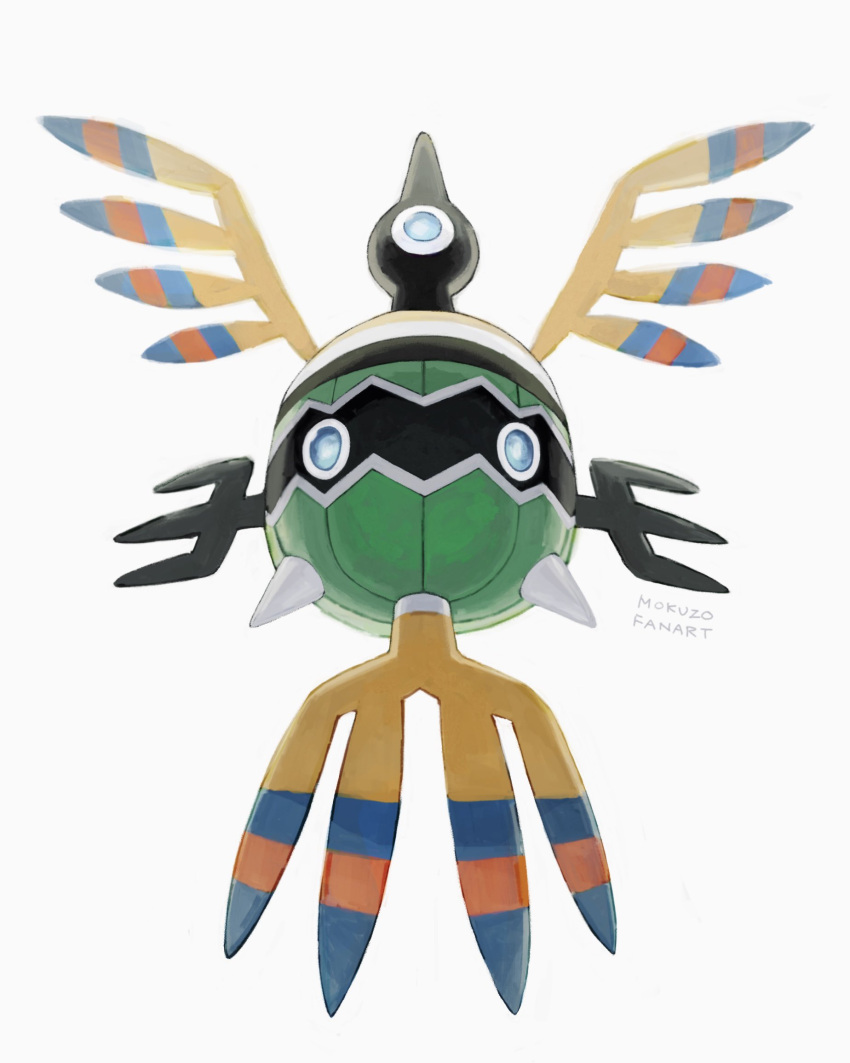 blue_eyes from_below full_body highres mokuzou_(moku_ssbu) no_humans pokemon pokemon_(creature) sigilyph signature simple_background solo spikes white_background