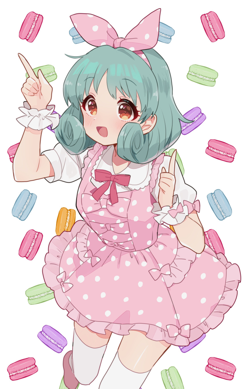 1girl absurdres bow bowtie brown_eyes commentary_request dot_nose dress frilled_skirt frilled_wristband frills green_hair hair_ribbon hands_up highres idolmaster idolmaster_million_live! index_fingers_raised looking_at_viewer macaron_background medium_hair open_mouth pink_bow pink_bowtie pink_dress pink_ribbon polka_dot polka_dot_dress polka_dot_ribbon puffy_short_sleeves puffy_sleeves ribbon saito_katuo shirt short_sleeves skirt smile solo thighhighs thighs tokugawa_matsuri white_background white_shirt white_thighhighs