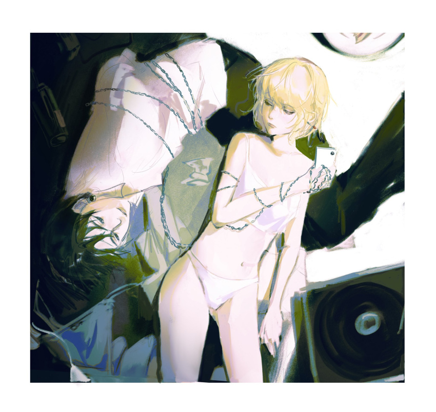 02_ihate99 1boy 1other androgynous bare_shoulders black_eyes black_hair blonde_hair cellphone chain chained chrollo_lucilfer crop_top crystal_earrings earrings highres holding holding_phone hunter_x_hunter jewelry kurapika looking_at_another lying nen_(hunter_x_hunter) on_back panties phone phonograph record shirt short_hair smartphone underwear white_panties white_shirt