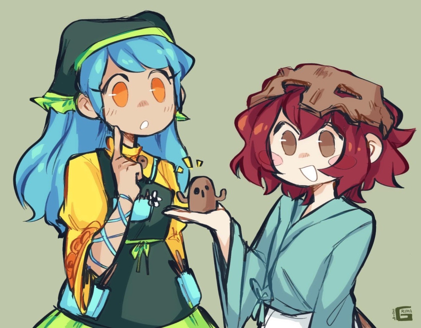 1girl 1other 2019 androgynous apron arm_ribbon artist_name bad_id bad_tumblr_id blue_hair blue_kimono blue_ribbon blush_stickers brown_eyes brown_headwear brown_skirt commentary crossover dress english_commentary eyelashes finger_to_cheek frilled_apron frilled_headwear frills green_apron green_background green_headwear green_ribbon haniwa_(statue) haniyasushin_keiki head_scarf height_difference helmet holding japanese_clothes jewelry juliet_sleeves katano_sukune kimono len'en long_hair long_sleeves magatama magatama_necklace necklace notice_lines open_mouth orange_eyes pocket popipep puffy_sleeves red_hair ribbon second-party_source short_hair single_strap skirt sleeves_past_elbows smile tan tools touhou upper_body waist_apron waist_ribbon watermark white_apron wide_sleeves yellow_dress