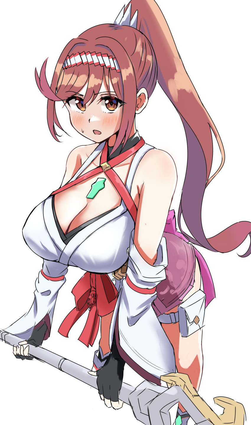 1girl absurdres bare_shoulders black_gloves blush bow breasts brown_hair chest_jewel cleavage collarbone detached_sleeves ereka fingerless_gloves glimmer_(xenoblade) gloves headband high_ponytail highres holding holding_staff holding_weapon japanese_clothes kimono large_breasts long_hair looking_at_viewer open_mouth red_bow red_hair simple_background solo staff swept_bangs thigh_pouch thigh_strap very_long_hair weapon white_background white_kimono white_sleeves wide_sleeves xenoblade_chronicles_(series) xenoblade_chronicles_3 xenoblade_chronicles_3:_future_redeemed