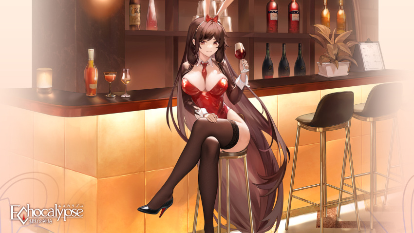 1girl animal_ears artist_request bar_(place) bar_stool between_breasts black_footwear bottle bow breasts brown_(echocalypse) brown_hair collar crossed_legs cup detached_collar drinking_glass echocalypse fake_animal_ears hair_bow hand_on_own_thigh high_heels highres holding holding_cup leotard long_hair necktie necktie_between_breasts official_art playboy_bunny rabbit_ears red_bow red_eyes red_leotard red_necktie red_wine second-party_source shrug_(clothing) sitting solo stool strapless strapless_leotard thighhighs very_long_hair white_collar wine_bottle wine_glass