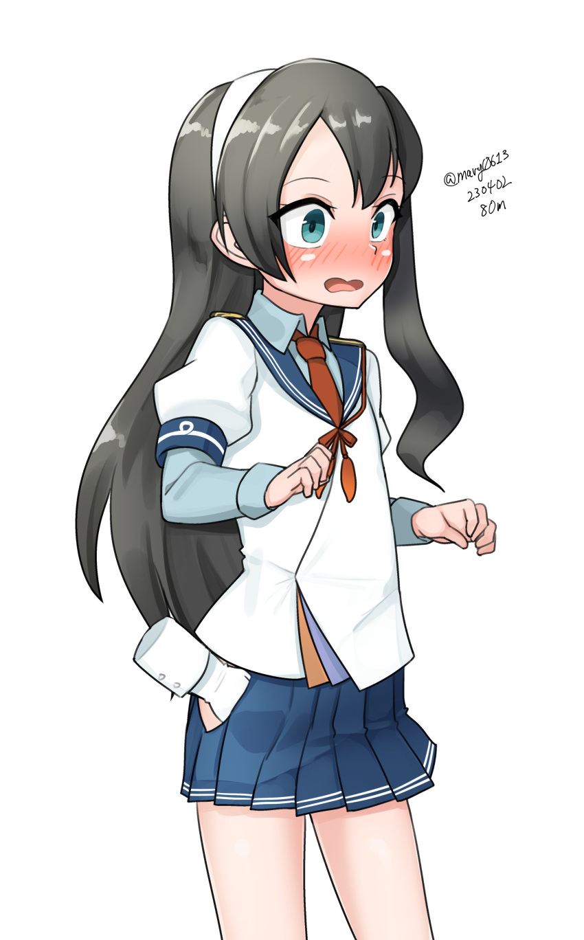 1girl absurdres black_hair blue_sailor_collar blue_skirt dated disembodied_limb flat_chest green_eyes hairband hand_under_clothes hand_under_skirt highres hip_vent kantai_collection long_hair maru_(marg0613) necktie no_eyewear one-hour_drawing_challenge ooyodo_(kancolle) pleated_skirt red_necktie sailor_collar school_uniform serafuku skirt solo surprised twitter_username white_hairband