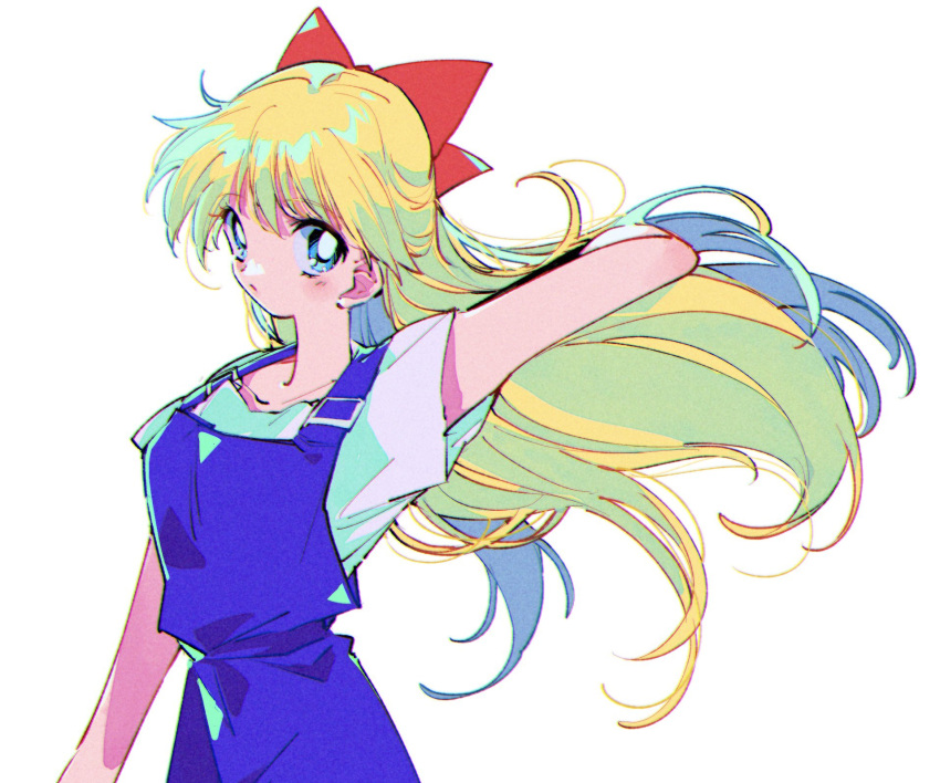 1girl aino_minako bishoujo_senshi_sailor_moon blonde_hair blue_eyes blue_overalls blush bow hair_bow highres long_hair looking_at_viewer open_mouth overalls pochi_(askas_is_god) red_bow simple_background solo white_background