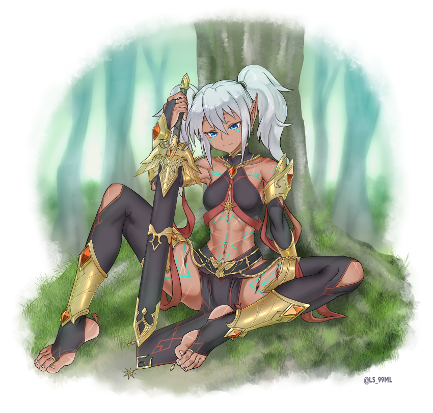 1girl absurdres armlet barefoot blue_eyes body_markings bridal_gauntlets chain dark_skin elf gold_armor highres holding holding_sword holding_weapon lettanya light_smile loincloth midriff muscular orange_gemstone original pointy_ears scabbard sheath sword tan toes toned tsukimaru_(ls_99ml) warrior weapon white_hair