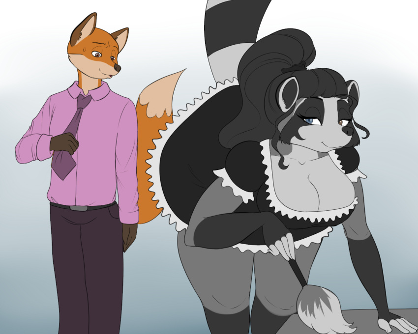 anthro big_breasts blackbetty bodily_fluids breasts canid canine cleavage clothed clothing duo female fox franciene_(tango's_family) fur hair leaning leaning_forward lewis_gunn maid_uniform male male/female mammal procyonid raccoon simple_background smile sweat thick_thighs uniform