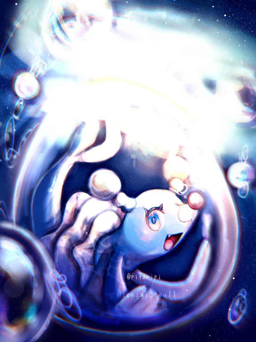 animal_focus artist_name blue_eyes brionne bubble chromatic_aberration commentary_request fang full_body happy highres light looking_at_viewer no_humans open_mouth pokemon pokemon_(creature) signature smile solo tensaitou_tou twitter_username underwater