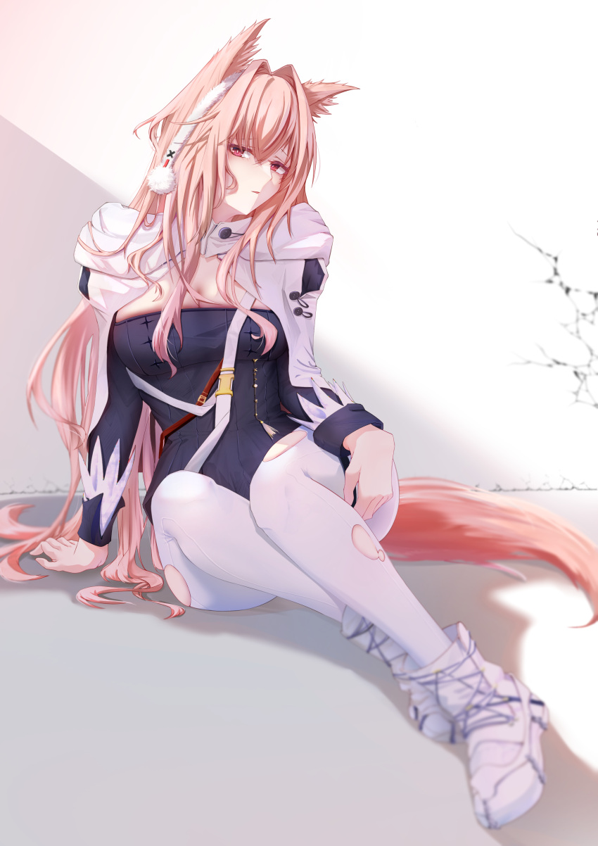 1girl absurdres animal_ears ankle_boots arknights black_dress boots breasts calvaires cape cleavage dress earmuffs full_body hair_intakes highres long_hair long_sleeves looking_at_viewer medium_breasts official_alternate_costume pantyhose parted_lips pink_hair pozyomka_(arknights) pozyomka_(snowy_plains_in_words)_(arknights) red_eyes sitting solo strapless strapless_dress torn_clothes torn_pantyhose very_long_hair white_cape white_footwear white_pantyhose wolf_ears