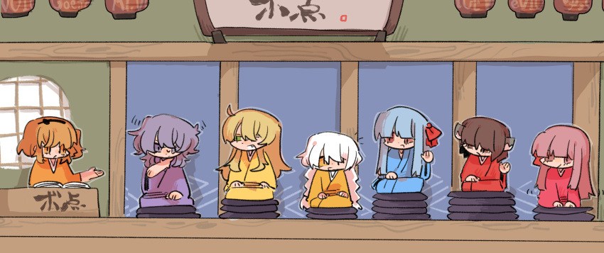 6+girls a.i._voice absurdres adachi_rei ahoge black_hairband blade blonde_hair blue_hair blue_kimono blunt_bangs book braid brown_eyes brown_hair chibi color-coded commentary_request cushion denki_enzanki fang green_eyes hair_over_eyes hair_ribbon hairband hand_on_own_chin hand_up hands_on_lap headgear height_difference highres japanese_clothes kimono kizuna_akari kotonoha_akane kotonoha_aoi lantern lineup long_hair long_sleeves looking_at_another medium_hair multiple_girls notice_lines one_side_up open_book orange_eyes orange_hair orange_kimono outstretched_hand paper_lantern parody pink_hair pink_kimono pun purple_eyes purple_hair purple_kimono red_eyes red_kimono red_ribbon ribbon seiza shouten sidelocks sitting stack stage stroking_own_chin sweatdrop thinking touhoku_kiritan translated tsurumaki_maki twin_braids utau vocaloid voiceroid white_hair wide_sleeves yellow_kimono yuzuki_yukari zabuton