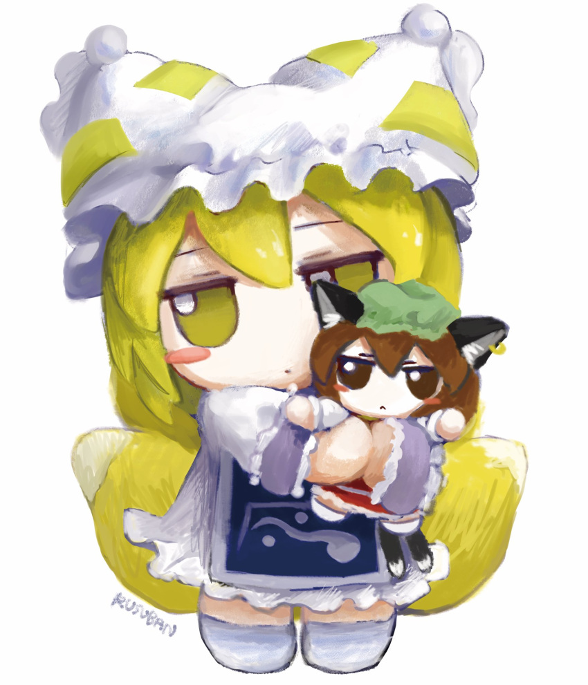 2girls :&lt; animal_ears blonde_hair blush_stickers brown_eyes brown_hair chen chibi commentary fox_ears fox_tail full_body fumo_(doll) grumpy hat highres holding mob_cap multiple_girls multiple_tails nekomata simple_background size_difference standing symbol-only_commentary tail touhou two_tails white_background yakumo_ran yakumora_n yellow_eyes