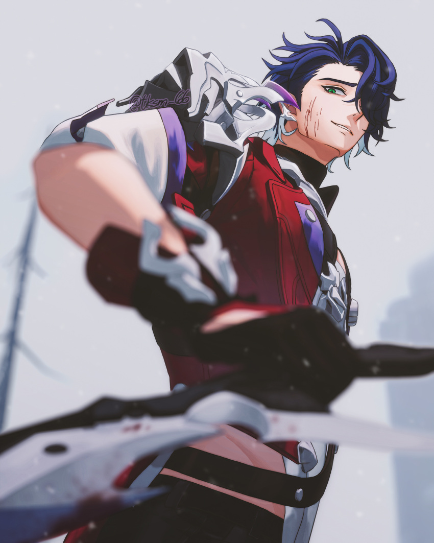 1boy armor bare_tree belt black_belt blood blood_on_face blood_on_weapon blue_hair blurry blurry_background blurry_foreground cliff commentary cowboy_shot dagger dutch_angle green_eyes grey_sky hair_over_one_eye highres holding holding_weapon honkai:_star_rail honkai_(series) knife looking_at_viewer male_focus midriff_peek outdoors red_eyes sampo_koski shirt short_hair short_sleeves shoulder_armor sky solo symbol-only_commentary tksm_66 tree weapon white_shirt
